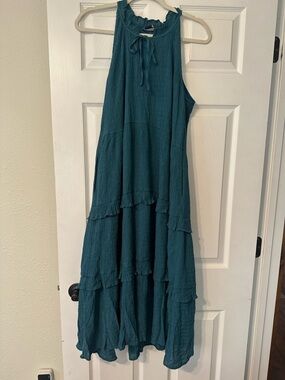 ARULA Teal Sleeveless Tiered Midi Dress with Tie Neck